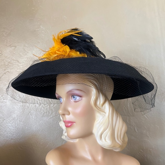 ASTOUNDING BLACK FELT WIDE BRIM HAT WITH BL;ACK & YELLOW FEATHER S main image 5